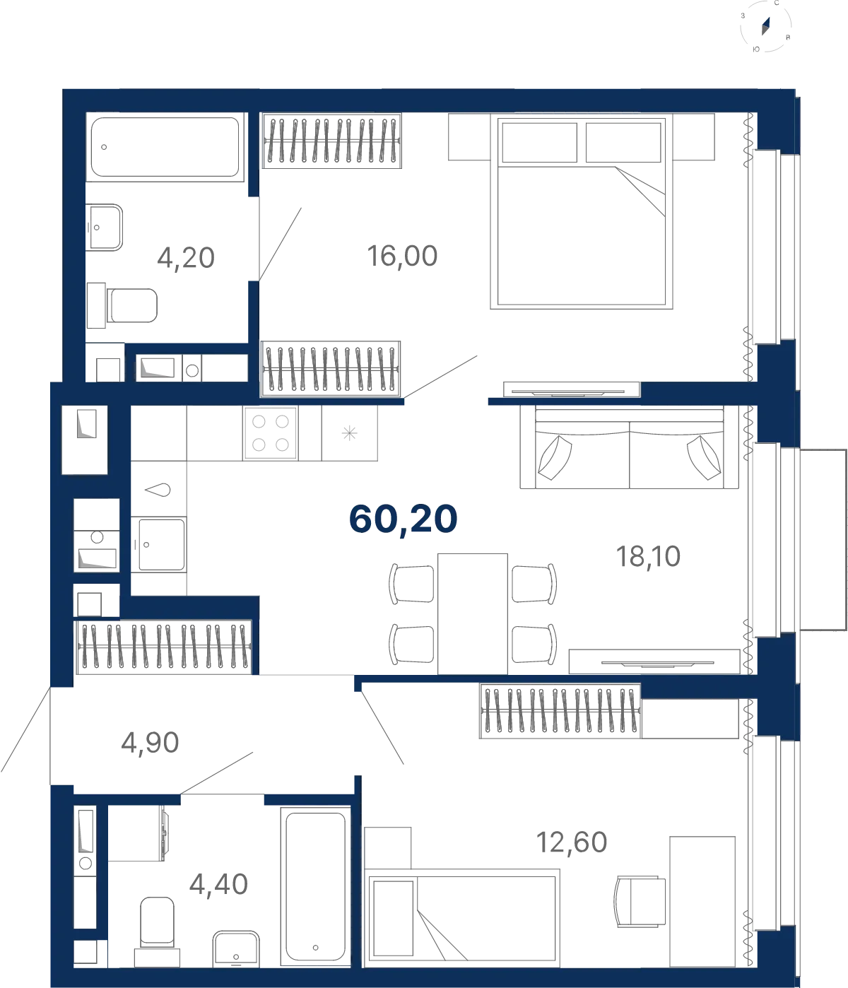 Планировка квартиры №С5.23.2 в проекте Атлас Лайн Дом 5 2-комнатная 60.2 м² 23 этаж