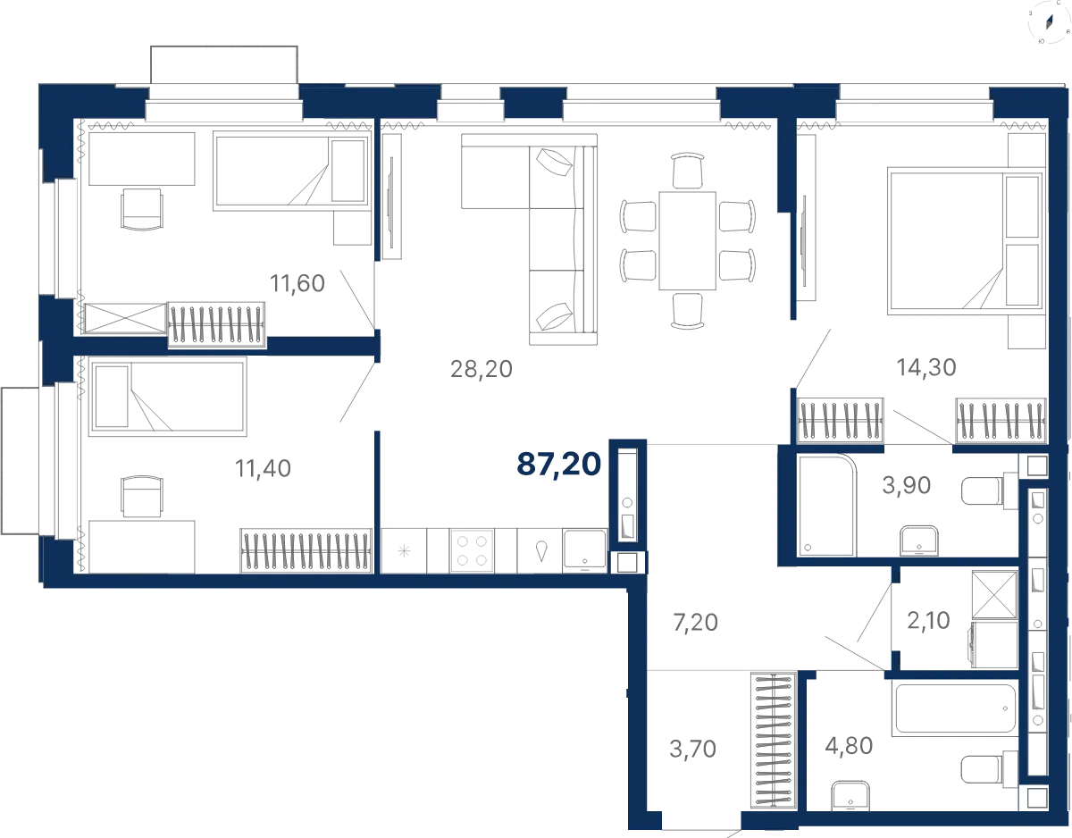 Планировка квартиры №С5.23.11 в проекте Атлас Лайн Дом 5 3-комнатная 87.2 м² 23 этаж