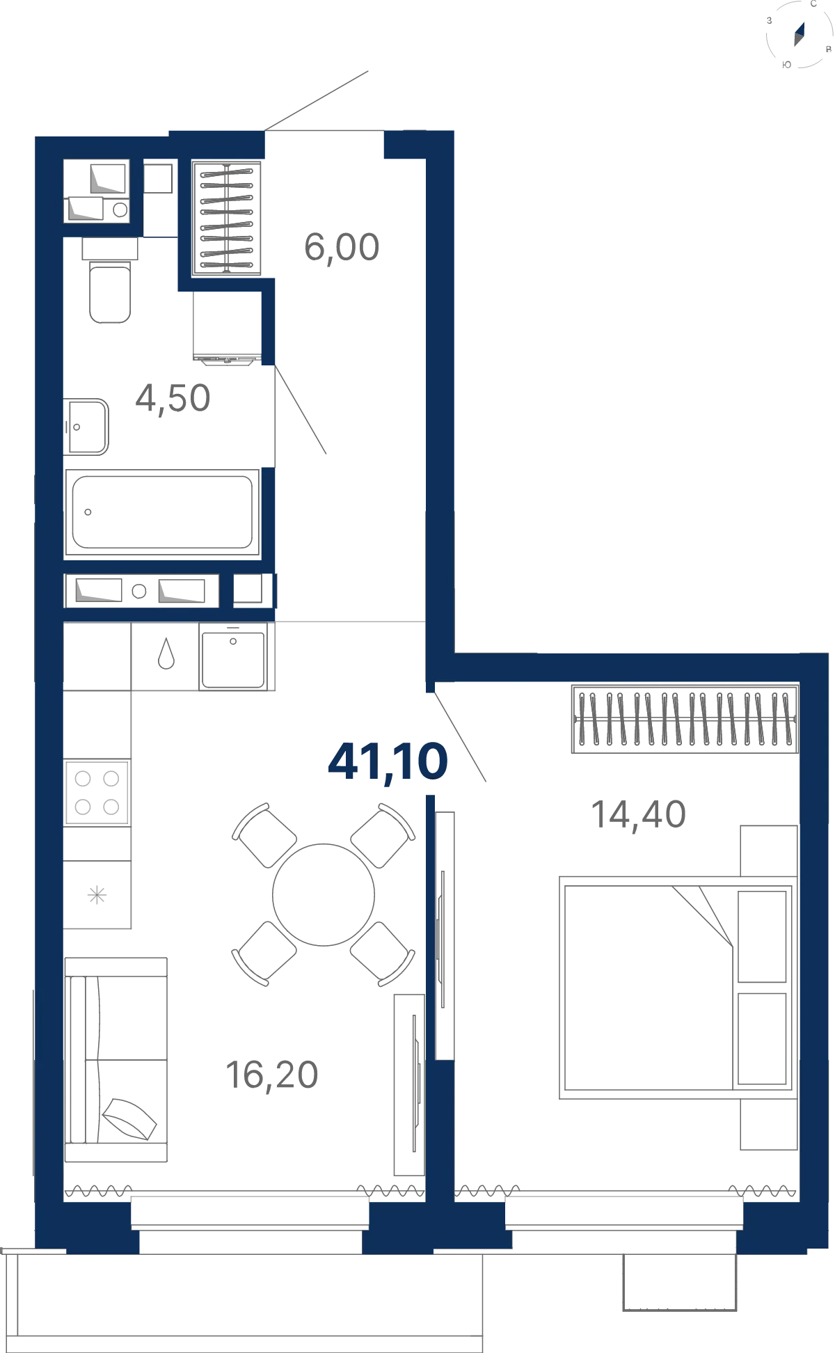 Планировка квартиры №С5.25.5 в проекте Атлас Лайн Дом 5 1-комнатная 41.1 м² 25 этаж