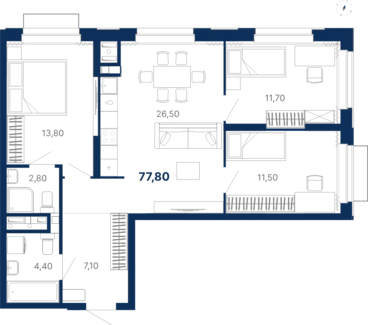 Планировка квартиры №С5.25.1 в проекте Атлас Лайн Дом 5 3-комнатная 77.8 м² 25 этаж