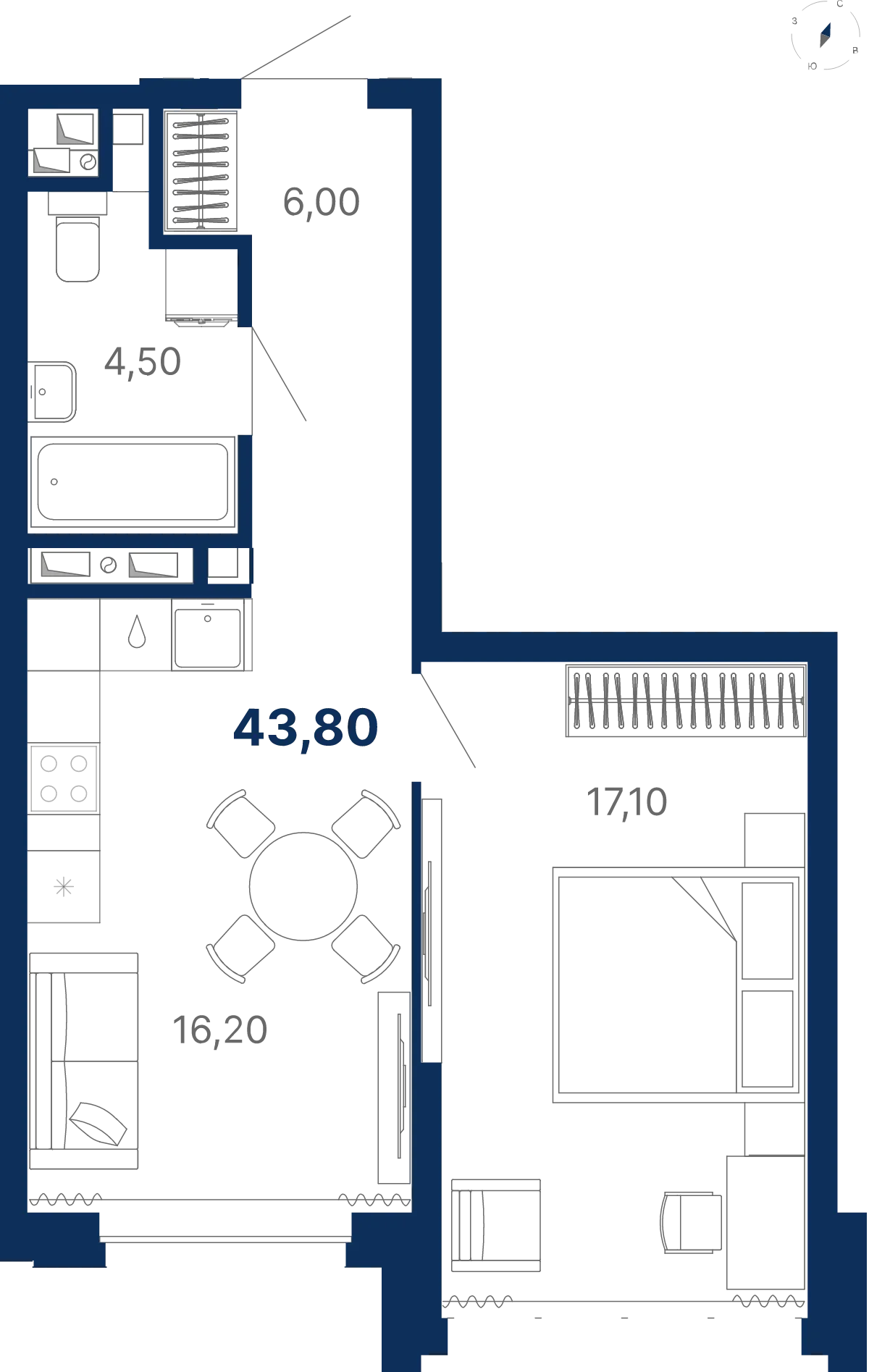 Планировка квартиры №С5.26.5 в проекте Атлас Лайн Дом 5 1-комнатная 43.8 м² 26 этаж