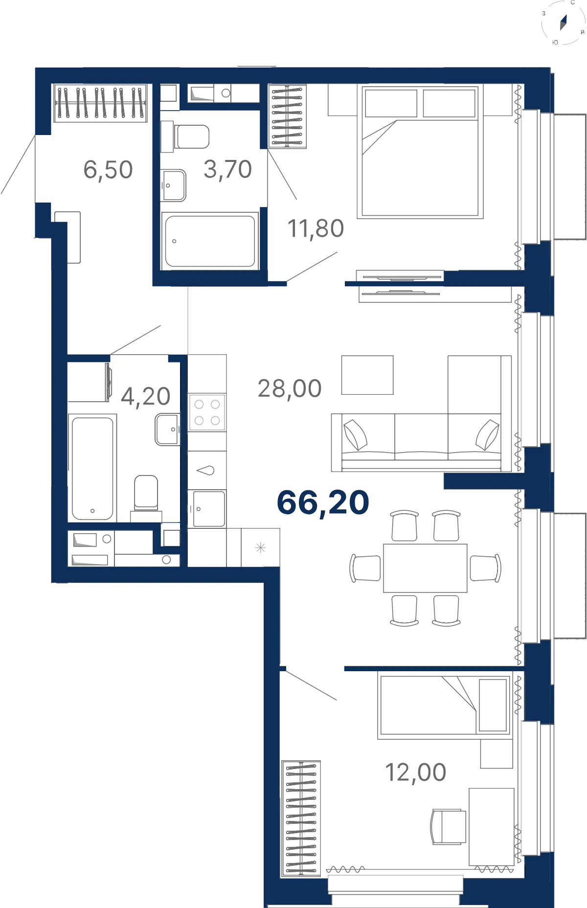 Планировка квартиры №С5.27.4 в проекте Атлас Лайн Дом 5 2-комнатная 66.2 м² 27 этаж