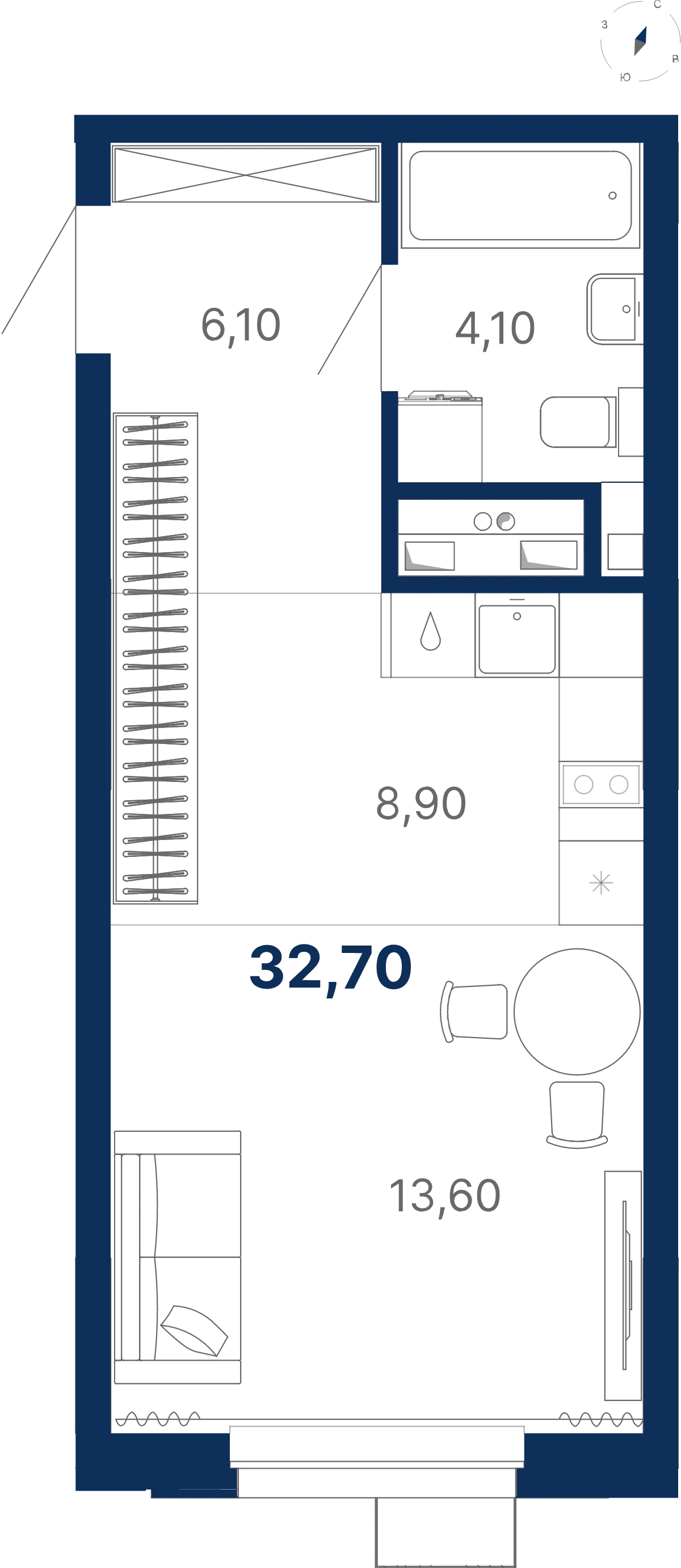 Планировка квартиры №С5.29.6 в проекте Атлас Лайн Дом 5 Студия 32.7 м² 29 этаж