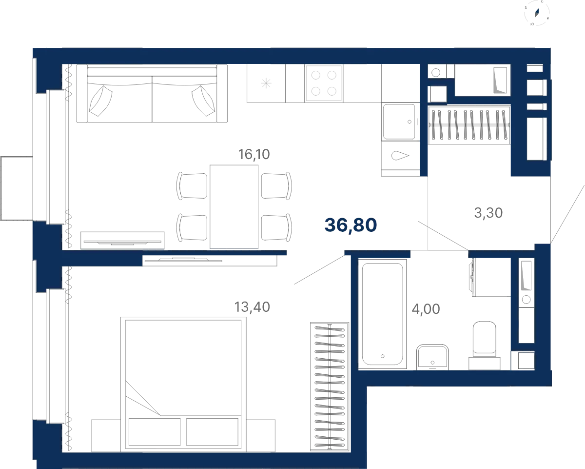 Планировка квартиры №С5.29.8 в проекте Атлас Лайн Дом 5 1-комнатная 36.8 м² 29 этаж