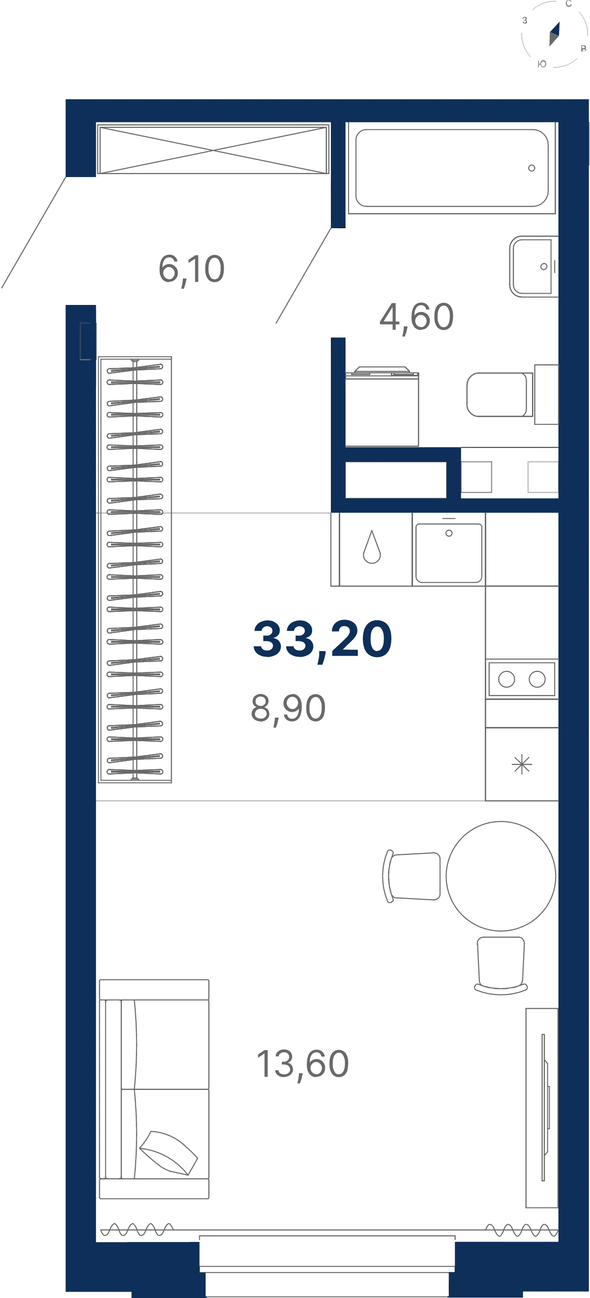 Планировка квартиры №С5.3.6 в проекте Атлас Лайн Дом 5 Студия 33.2 м² 3 этаж