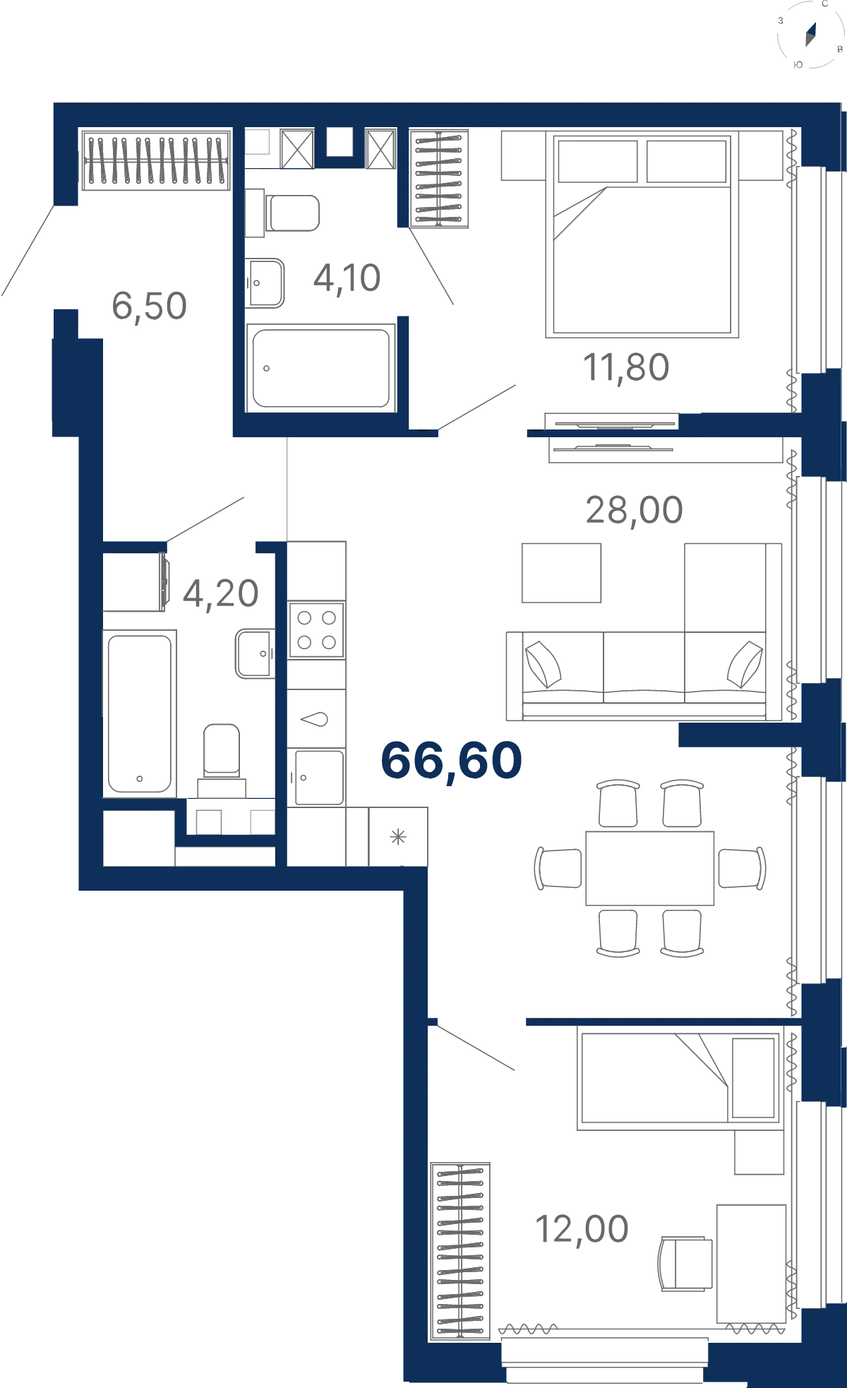 Планировка квартиры №С5.3.4 в проекте Атлас Лайн Дом 5 2-комнатная 66.6 м² 3 этаж