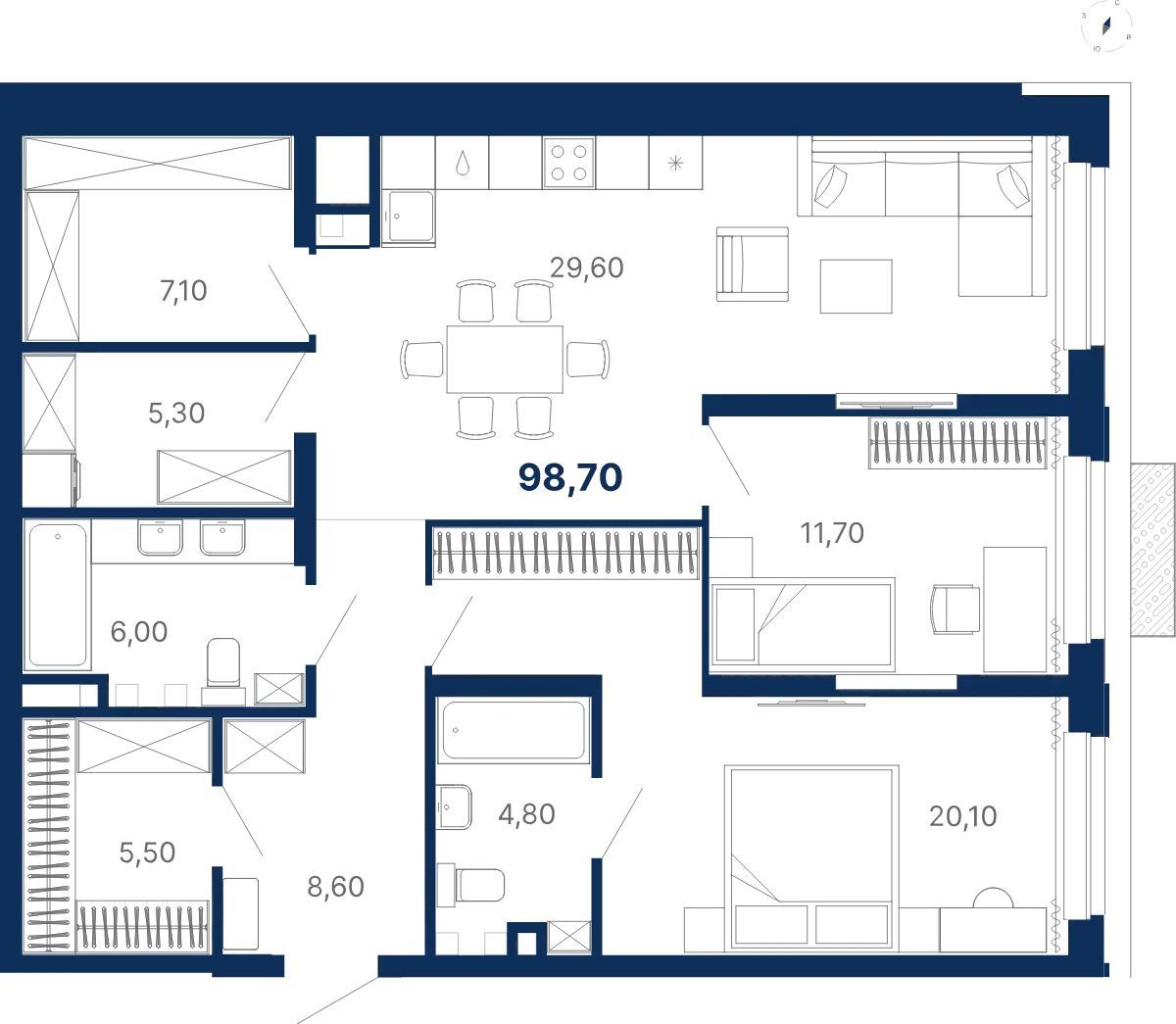 Планировка квартиры №С5.3.1 в проекте Атлас Лайн Дом 5 2-комнатная 98.7 м² 3 этаж
