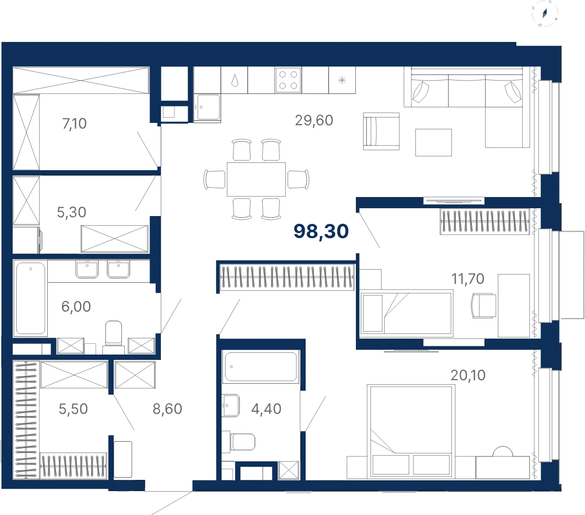Планировка квартиры №С5.5.1 в проекте Атлас Лайн Дом 5 2-комнатная 98.3 м² 5 этаж