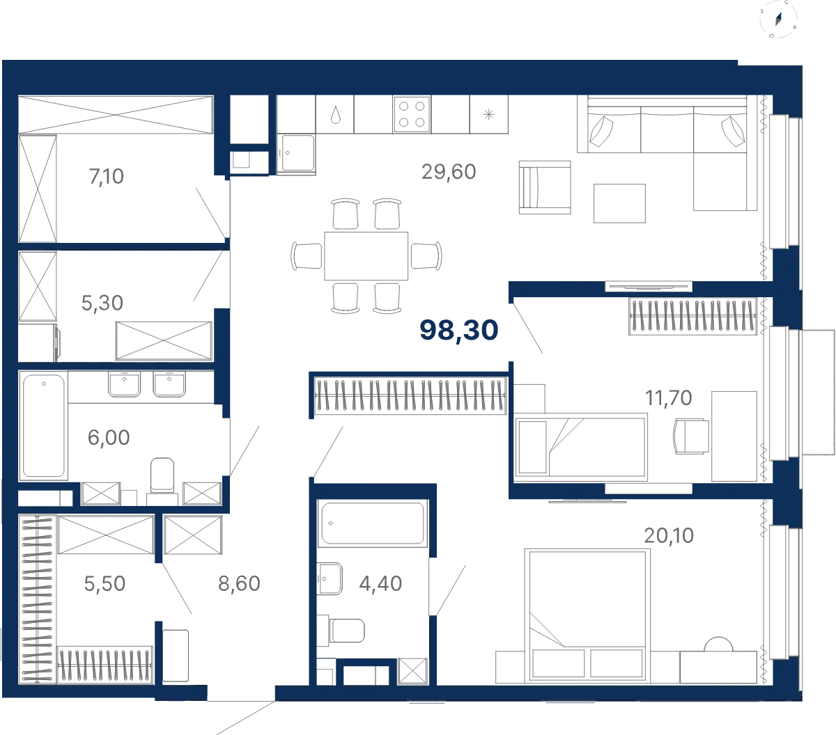 Планировка квартиры №С5.6.1 в проекте Атлас Лайн Дом 5 2-комнатная 98.3 м² 6 этаж