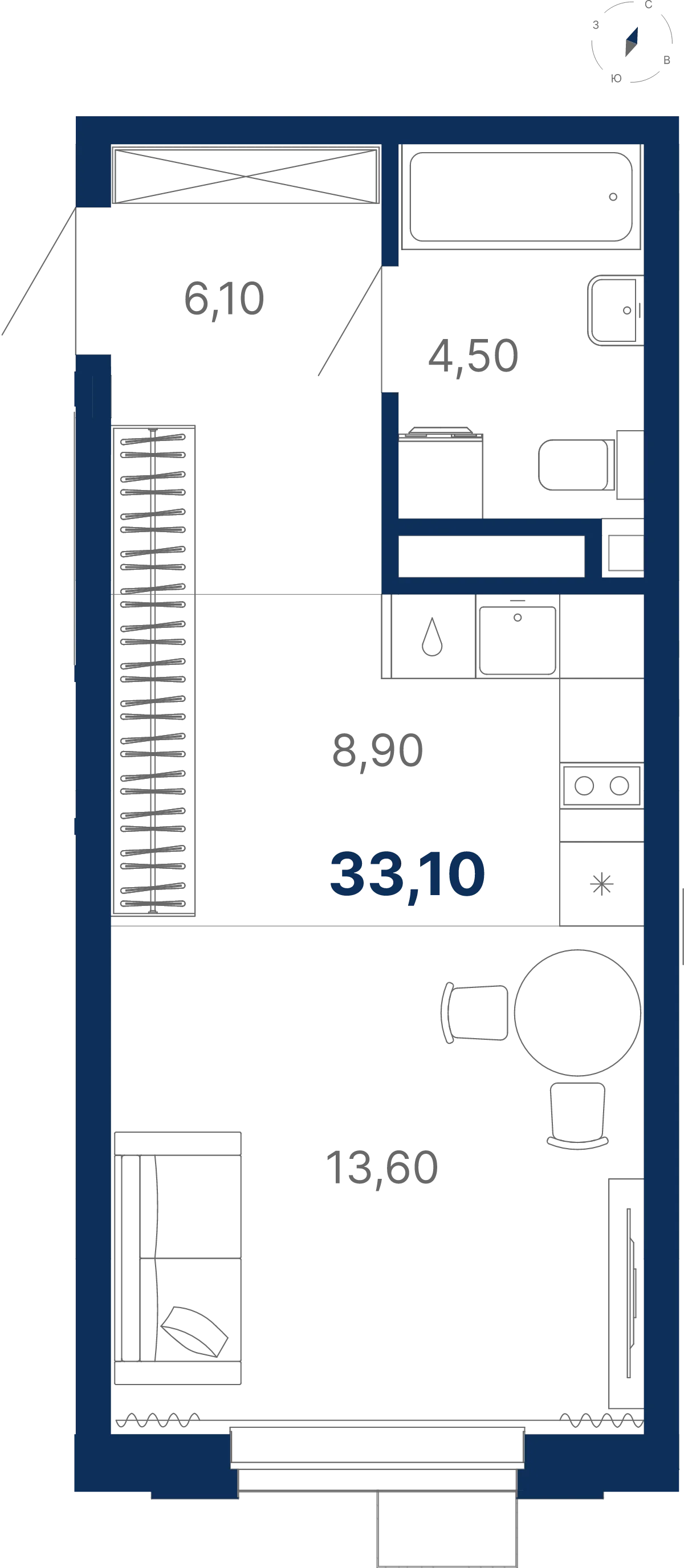 Планировка квартиры №С5.9.6 в проекте Атлас Лайн Дом 5 Студия 33.1 м² 9 этаж