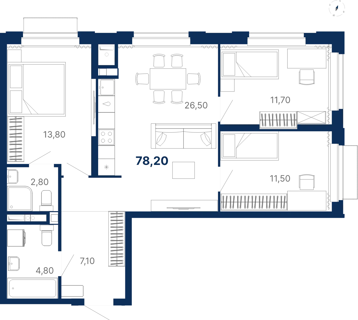 Планировка квартиры №С5.10.1 в проекте Атлас Лайн Дом 5 3-комнатная 78.2 м² 10 этаж