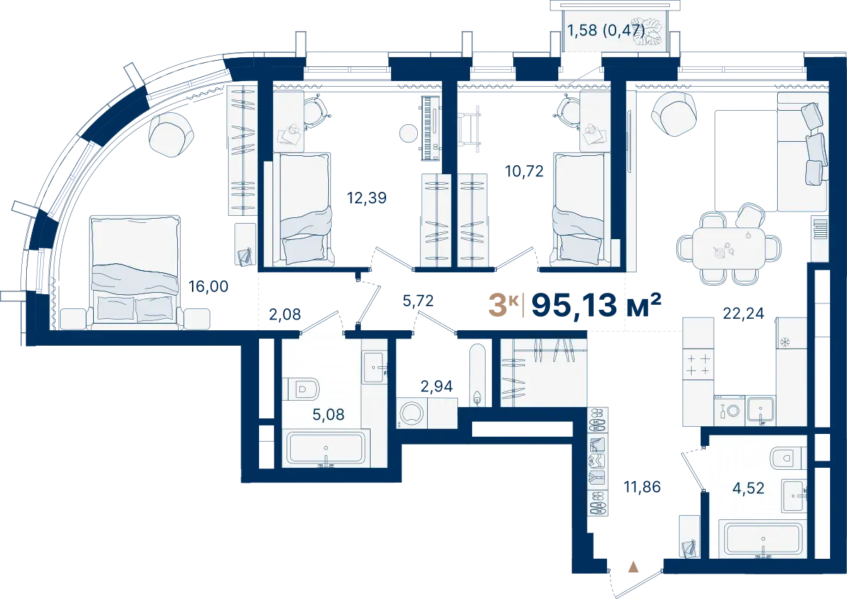 3-комнатная квартира 95.13 м² № С1.13.10