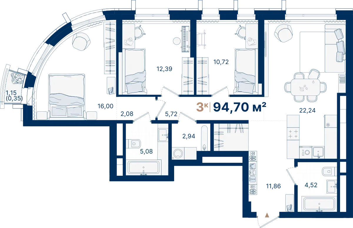 3-комнатная квартира 94.7 м² № С1.15.10