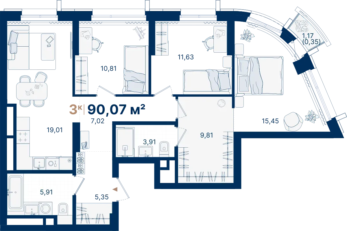 3-комнатная квартира 90.07 м² № С1.16.1