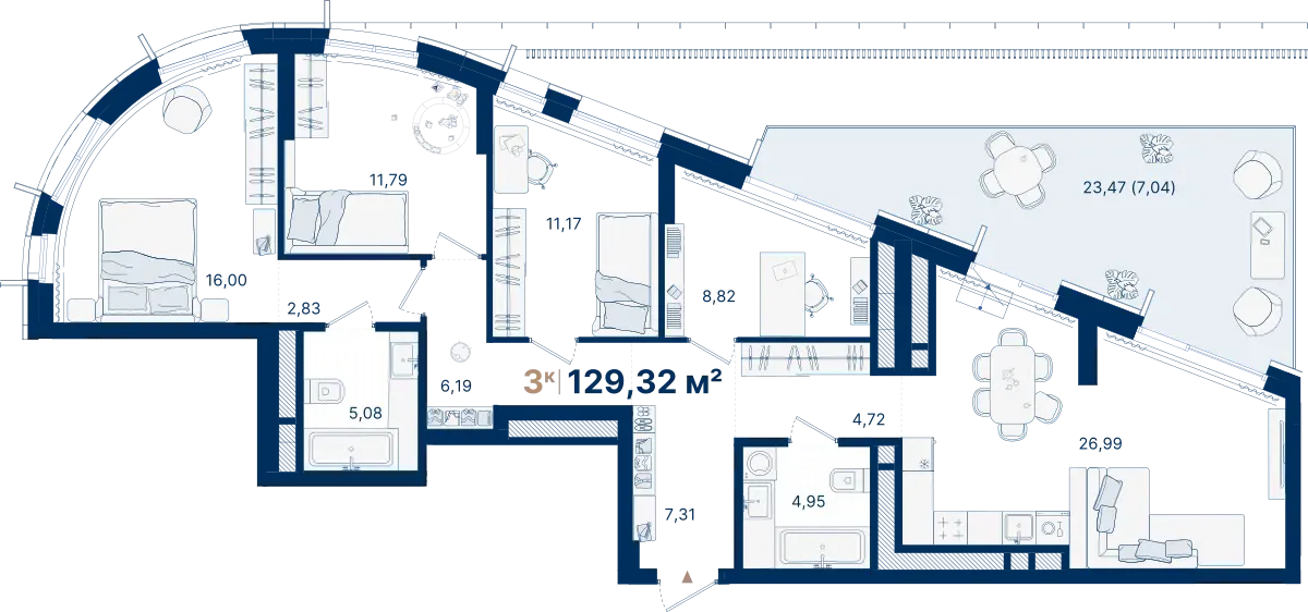 3-комнатная квартира 129.32 м² № С1.21.8
