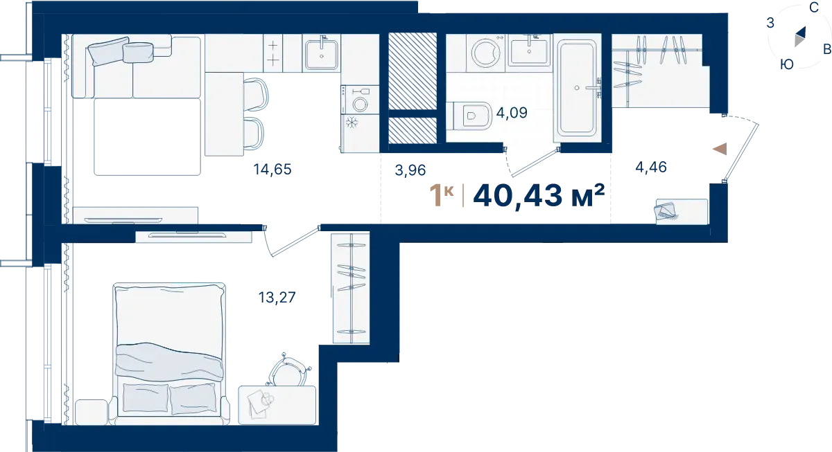 Планировка квартиры №С1.26.5 в проекте Атлас Люксо Дом 1 1-комнатная 40.43 м² 26 этаж
