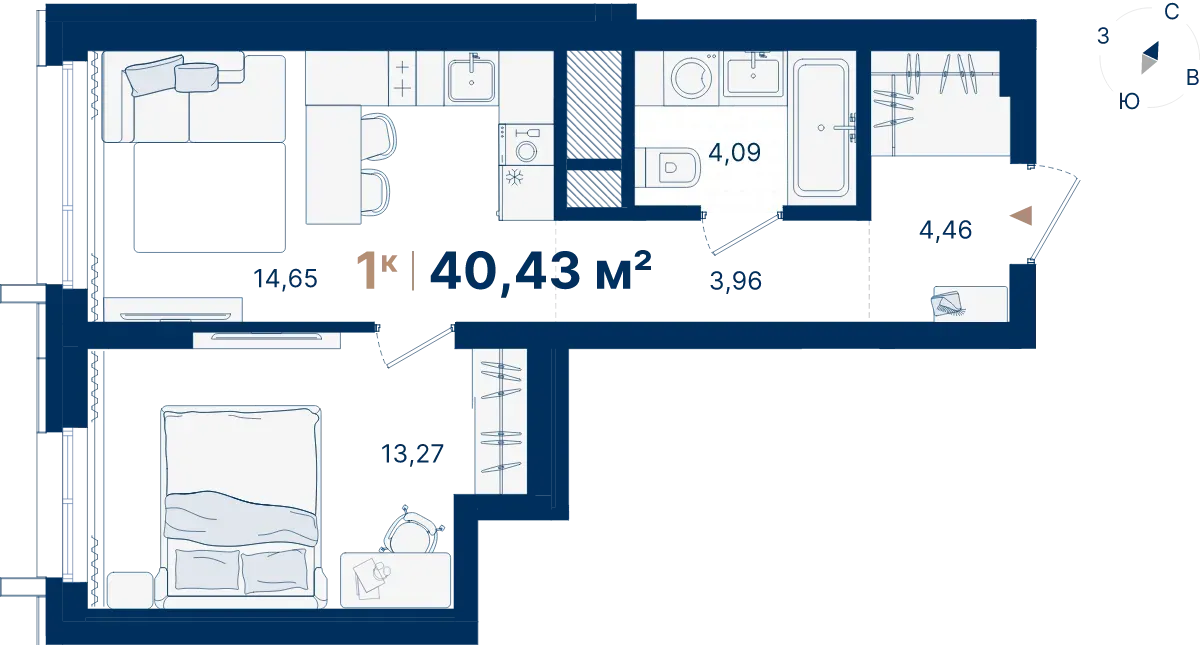 Планировка квартиры №С1.23.5 в проекте Атлас Люксо Дом 1 1-комнатная 40.43 м² 23 этаж