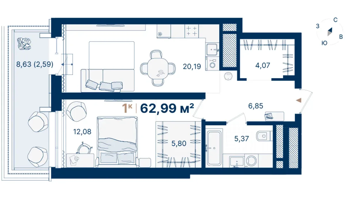 Планировка квартиры №С1.2.7 в проекте Атлас Люксо Дом 1 1-комнатная 62.99 м² 2 этаж