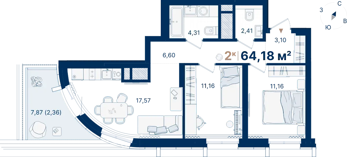 Планировка квартиры №С1.2.5 в проекте Атлас Люксо Дом 1 2-комнатная 64.18 м² 2 этаж