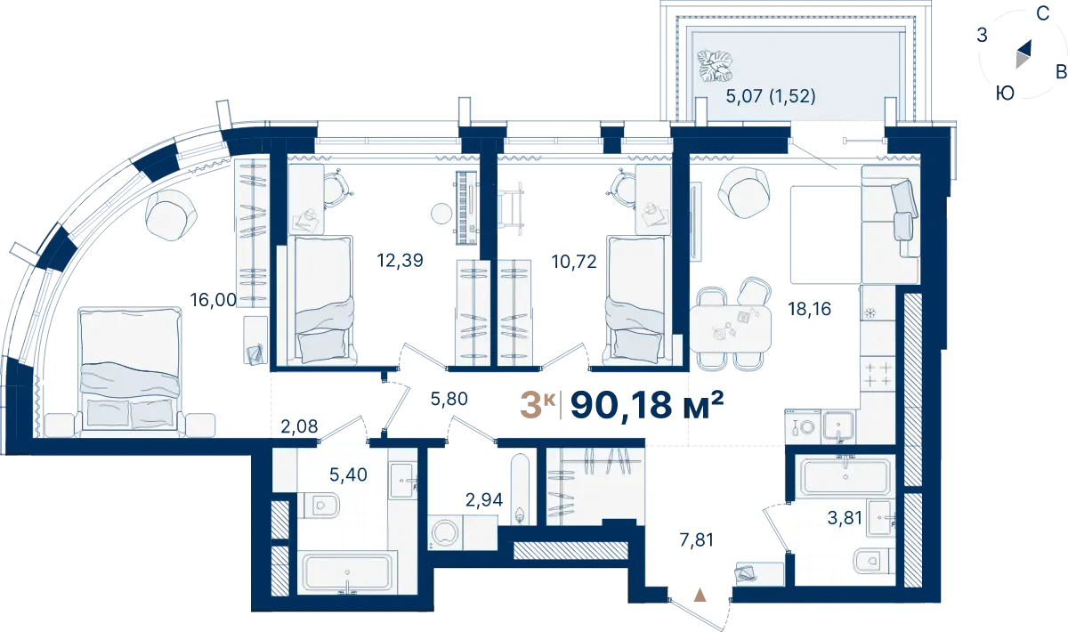 Планировка квартиры №С1.2.9 в проекте Атлас Люксо Дом 1 3-комнатная 90.18 м² 2 этаж