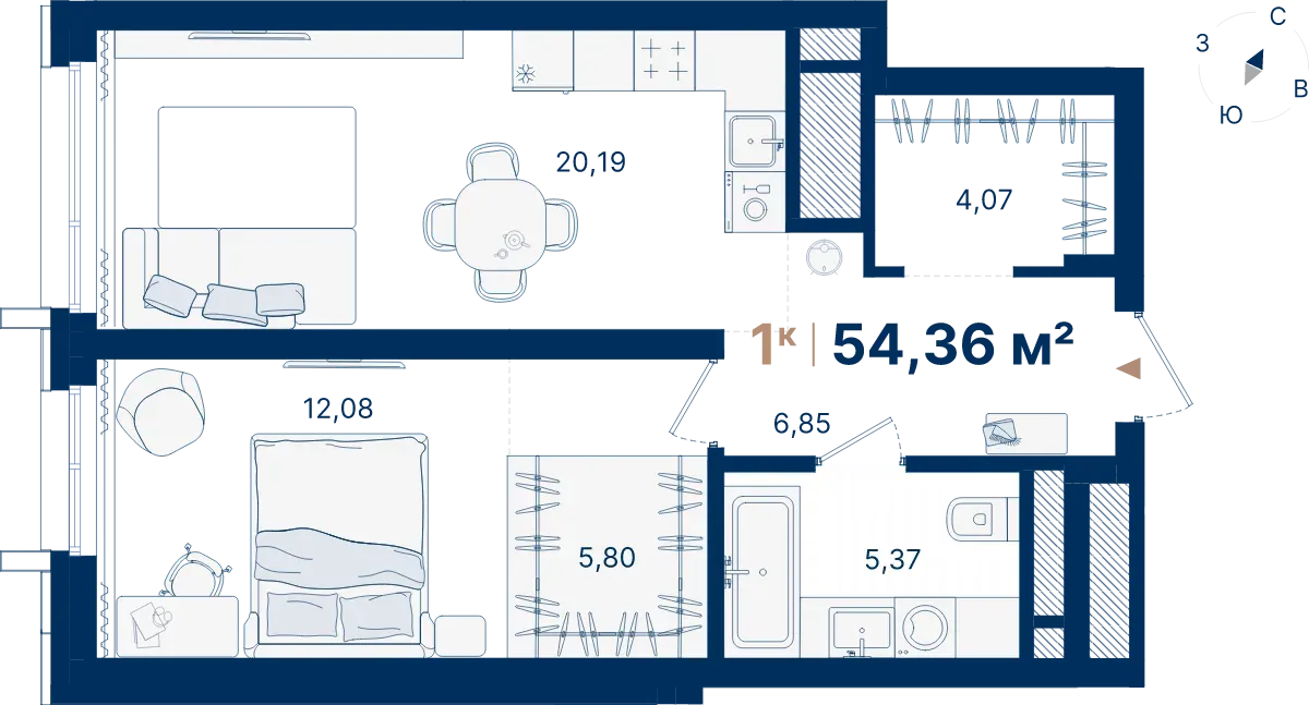 Планировка квартиры №С1.5.8 в проекте Атлас Люксо Дом 1 1-комнатная 54.36 м² 5 этаж