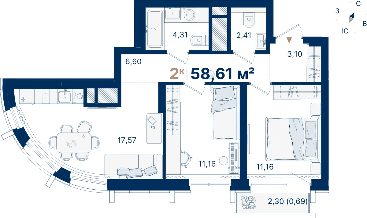 Планировка квартиры №С1.9.6 в проекте Атлас Люксо Дом 1 2-комнатная 58.61 м² 9 этаж