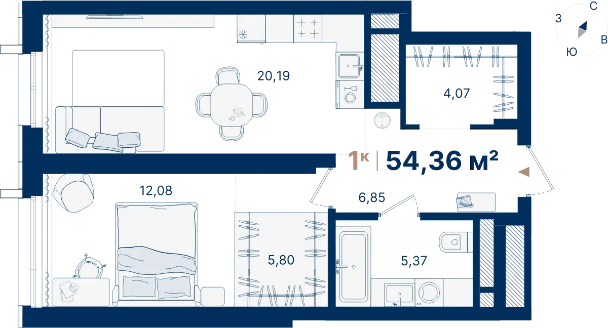 Планировка квартиры №С1.4.8 в проекте Атлас Люксо Дом 1 1-комнатная 54.36 м² 4 этаж