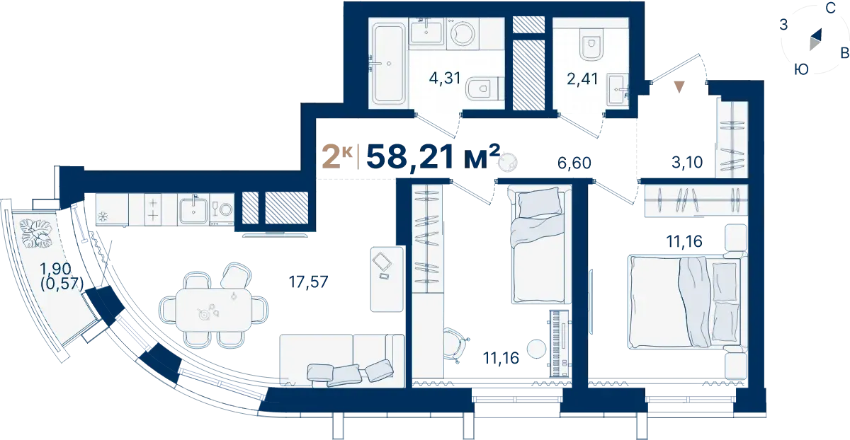 Планировка квартиры №С1.8.6 в проекте Атлас Люксо Дом 1 2-комнатная 58.21 м² 8 этаж
