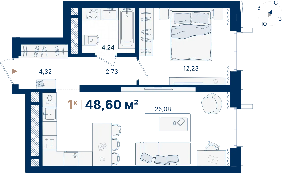Планировка квартиры №С2.23.6 в проекте Атлас Люксо Дом 2 1-комнатная 48.6 м² 23 этаж