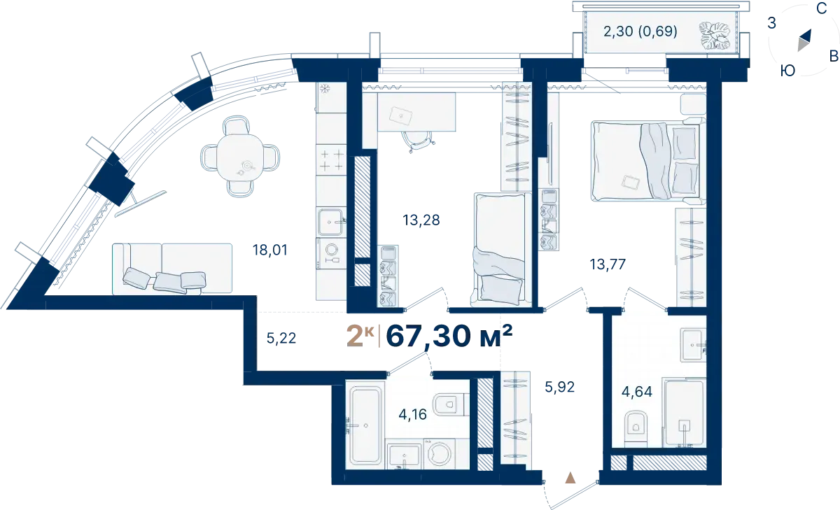 Планировка квартиры №С2.17.3 в проекте Атлас Люксо Дом 2 2-комнатная 67.3 м² 17 этаж