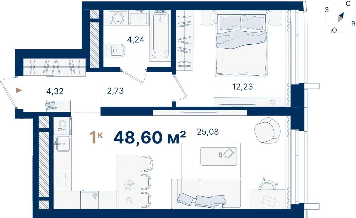 Планировка квартиры №С2.22.6 в проекте Атлас Люксо Дом 2 1-комнатная 48.6 м² 22 этаж