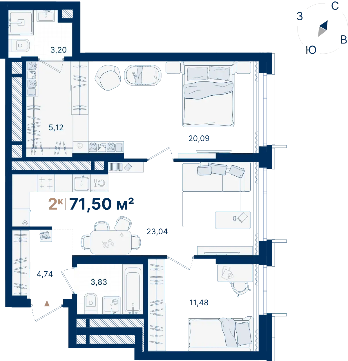 Планировка квартиры №С2.24.5 в проекте Атлас Люксо Дом 2 2-комнатная 71.5 м² 24 этаж