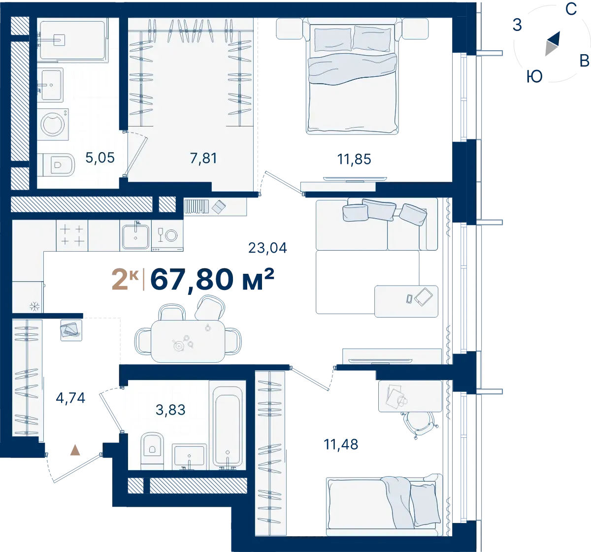 Планировка квартиры №С2.27.5 в проекте Атлас Люксо Дом 2 2-комнатная 67.8 м² 27 этаж