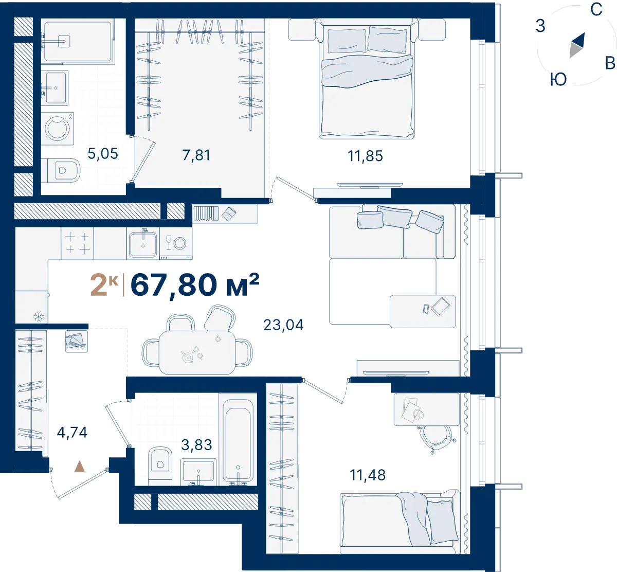 Планировка квартиры №С2.26.5 в проекте Атлас Люксо Дом 2 2-комнатная 67.8 м² 26 этаж
