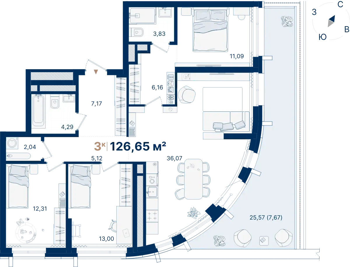 Планировка квартиры №С2.2.5 в проекте Атлас Люксо Дом 2 3-комнатная 126.65 м² 2 этаж