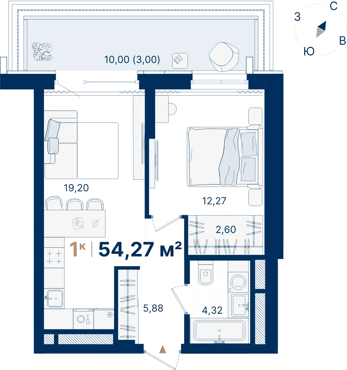 Планировка квартиры №С2.2.2 в проекте Атлас Люксо Дом 2 1-комнатная 54.27 м² 2 этаж