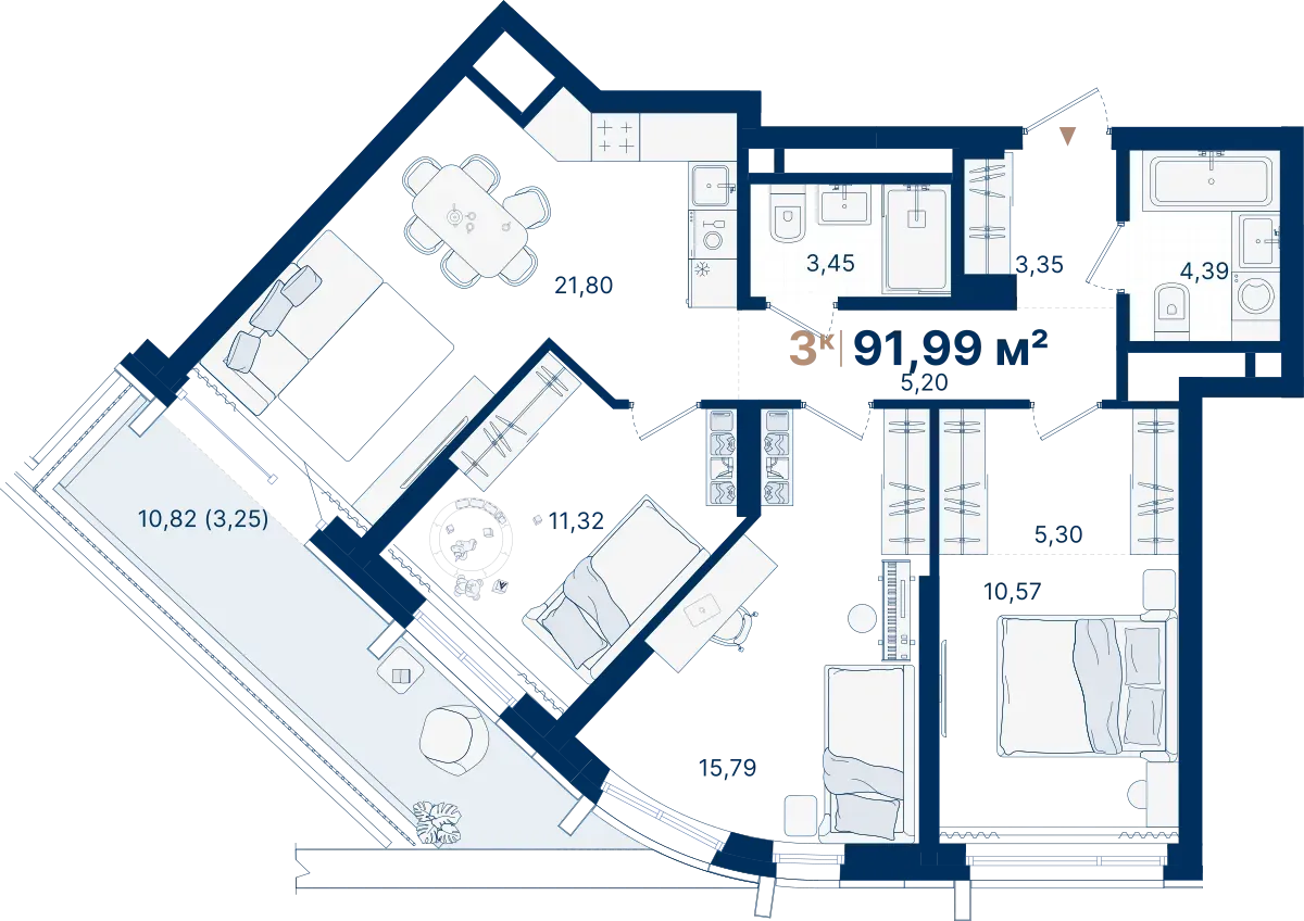 3-комнатная квартира 91.99 м² № С2.2.5