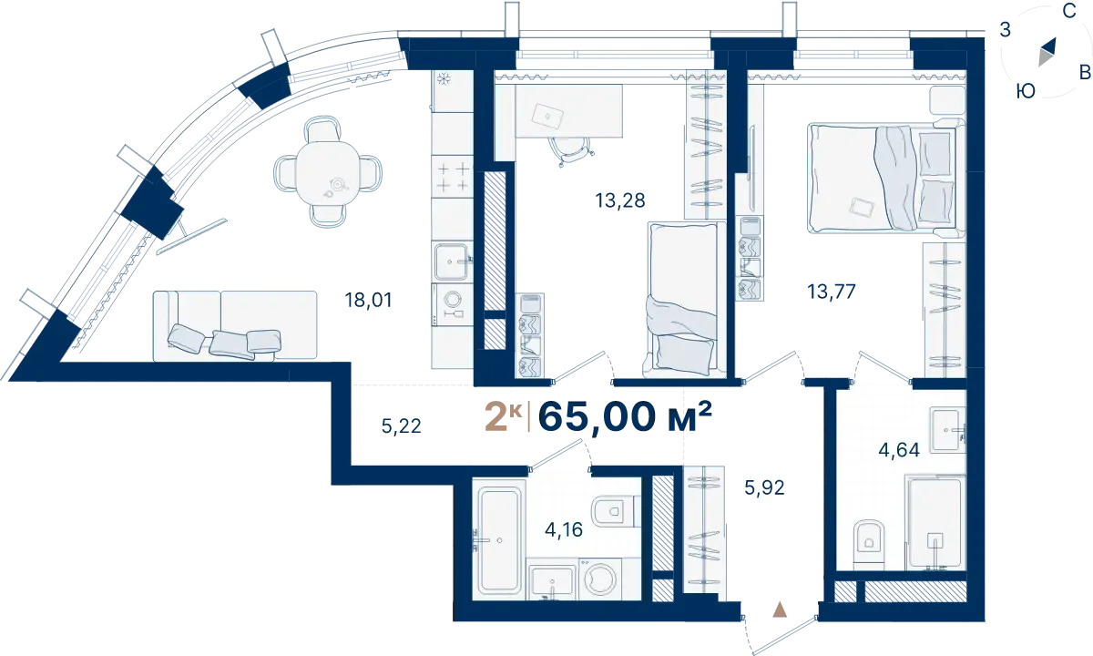 Планировка квартиры №С2.23.3 в проекте Атлас Люксо Дом 2 2-комнатная 65 м² 23 этаж