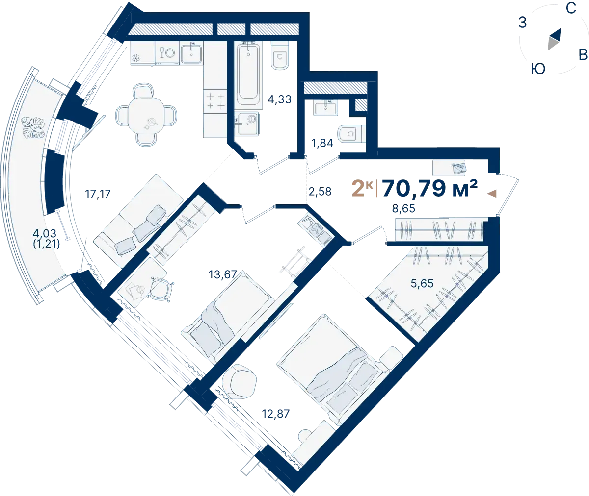 Планировка квартиры №С2.3.2 в проекте Атлас Люксо Дом 2 2-комнатная 70.79 м² 3 этаж