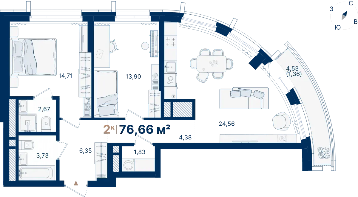 Планировка квартиры №С2.3.5 в проекте Атлас Люксо Дом 2 2-комнатная 76.66 м² 3 этаж