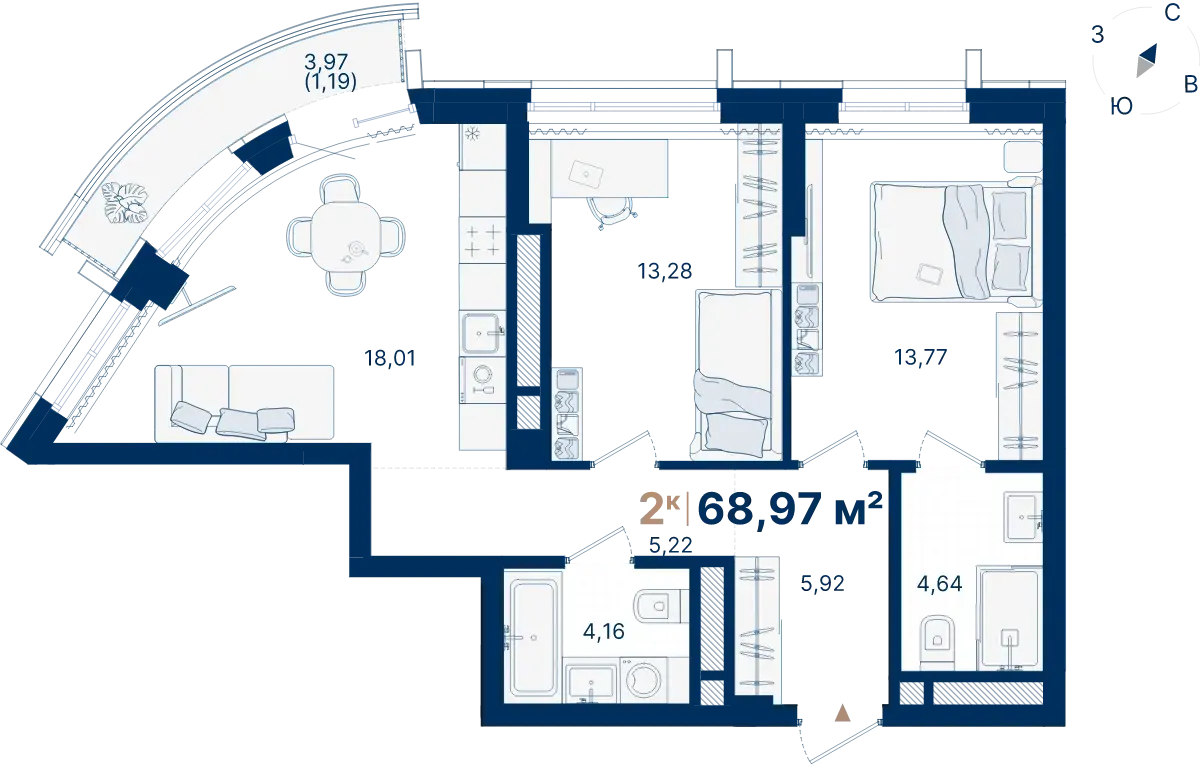 Планировка квартиры №С2.4.3 в проекте Атлас Люксо Дом 2 2-комнатная 68.97 м² 4 этаж
