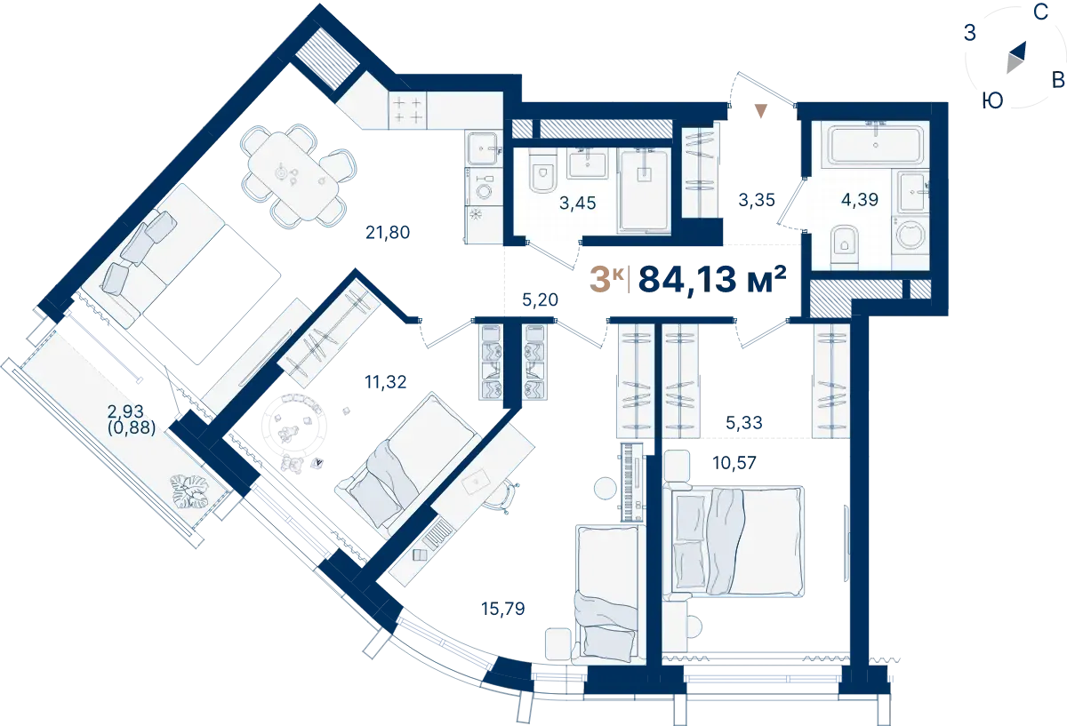 Планировка квартиры №С2.4.9 в проекте Атлас Люксо Дом 2 3-комнатная 84.13 м² 4 этаж