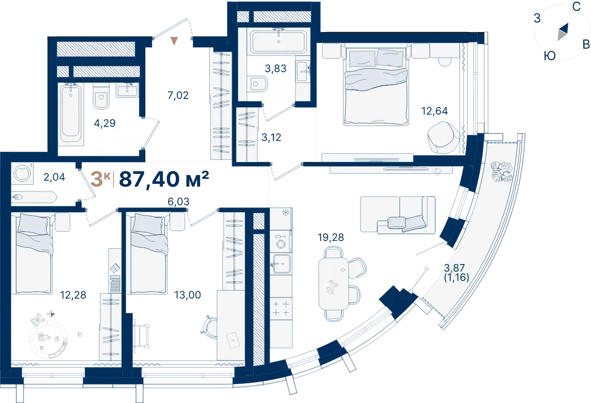 Планировка квартиры №С2.4.8 в проекте Атлас Люксо Дом 2 3-комнатная 87.4 м² 4 этаж