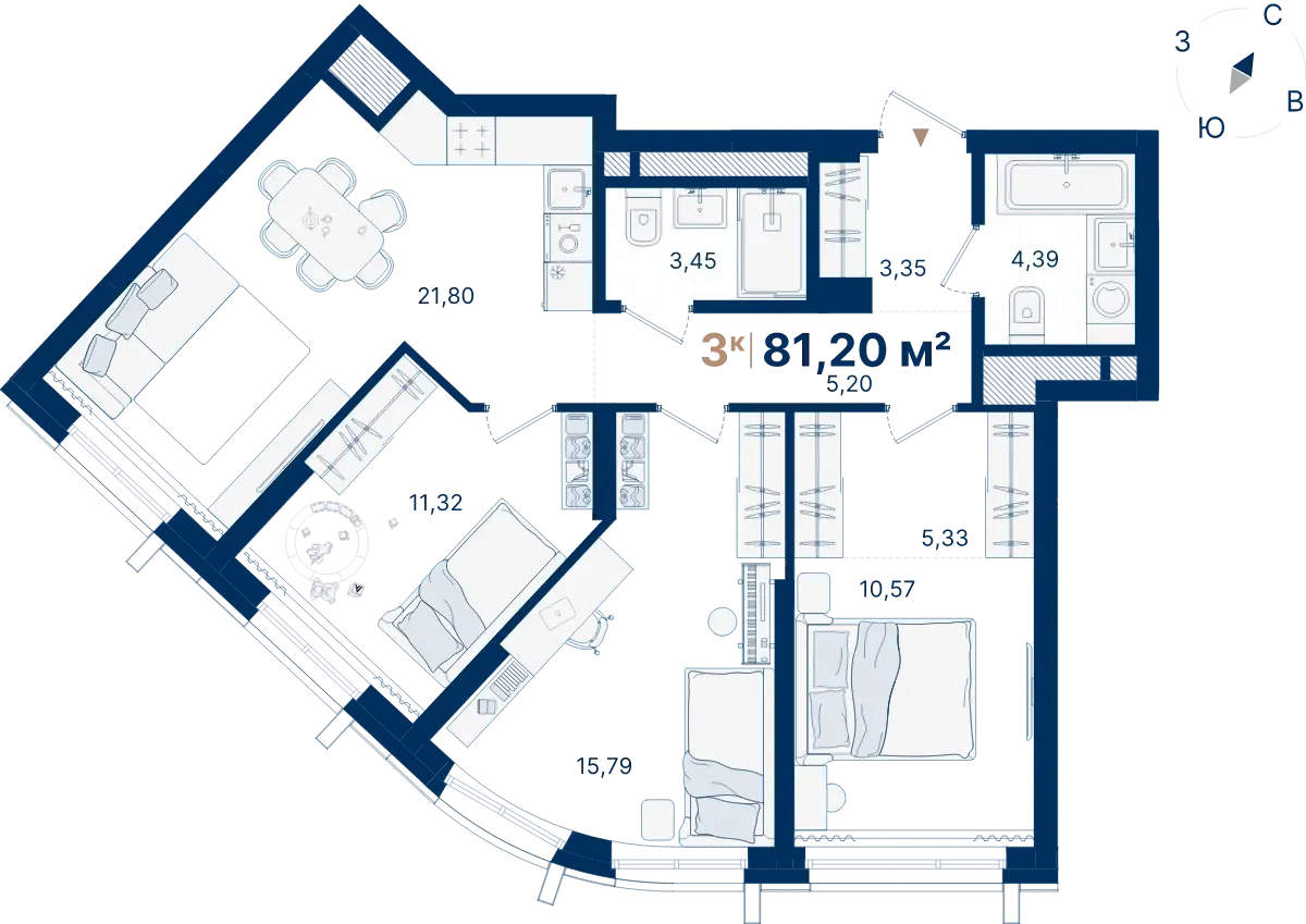 Планировка квартиры №С2.23.9 в проекте Атлас Люксо Дом 2 3-комнатная 81.2 м² 23 этаж
