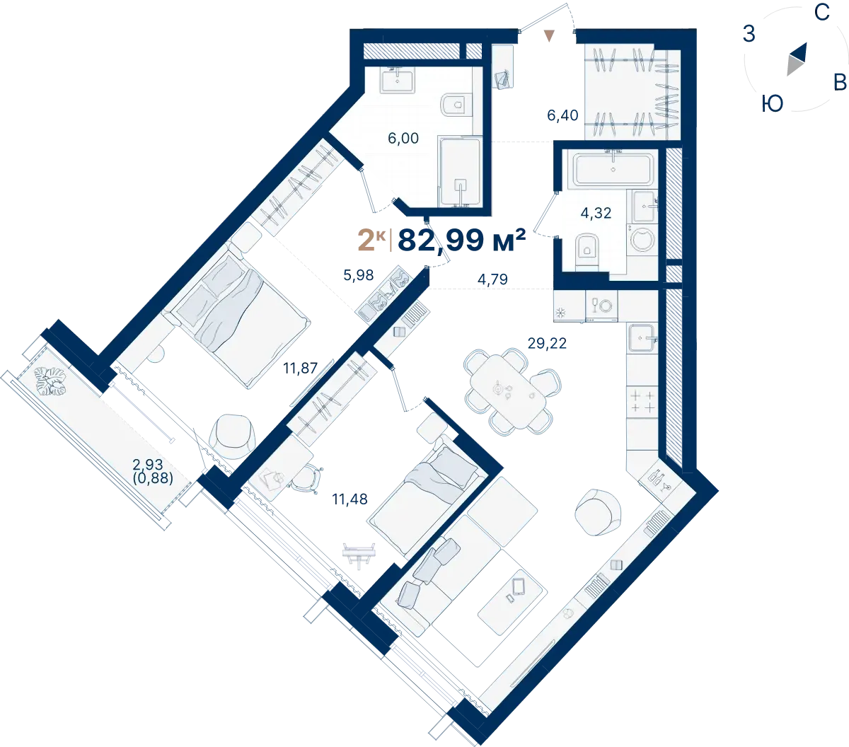 Планировка квартиры №С2.5.1 в проекте Атлас Люксо Дом 2 2-комнатная 82.99 м² 5 этаж