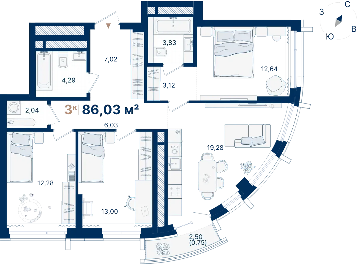 Планировка квартиры №С2.5.8 в проекте Атлас Люксо Дом 2 3-комнатная 86.03 м² 5 этаж
