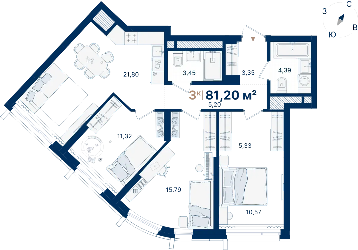 Планировка квартиры №С2.20.9 в проекте Атлас Люксо Дом 2 3-комнатная 81.2 м² 20 этаж