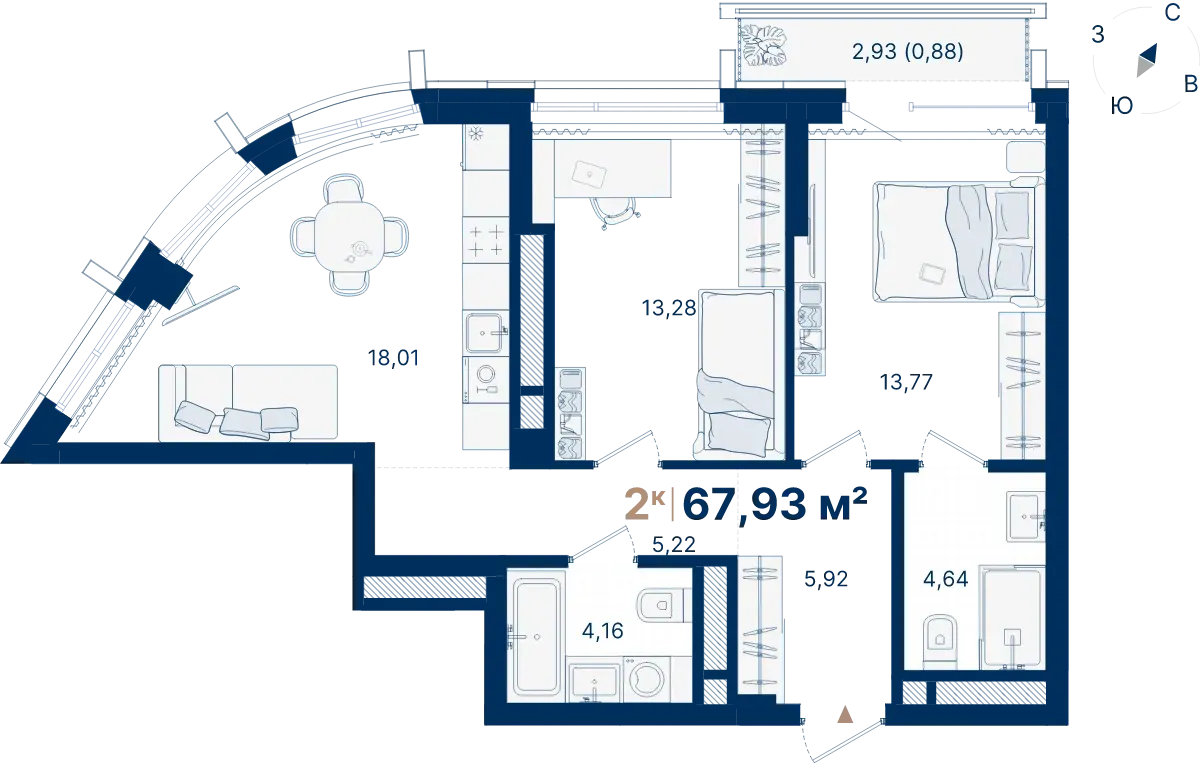 Планировка квартиры №С2.6.3 в проекте Атлас Люксо Дом 2 2-комнатная 67.93 м² 6 этаж