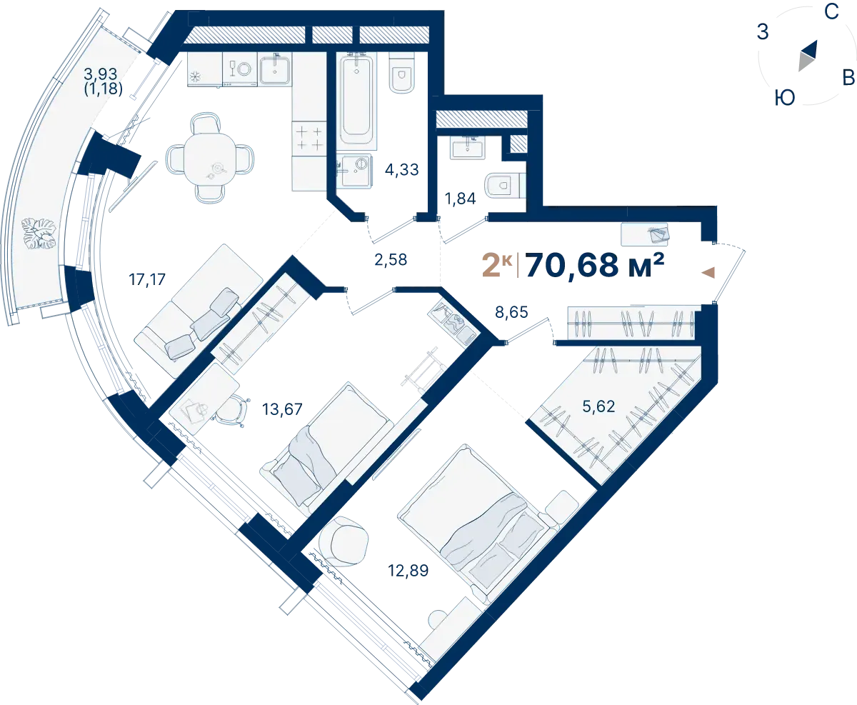 Планировка квартиры №С2.6.2 в проекте Атлас Люксо Дом 2 2-комнатная 70.68 м² 6 этаж