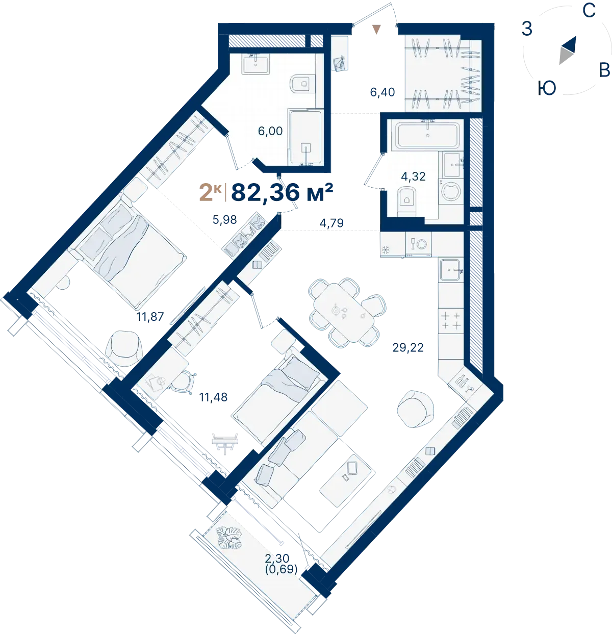 Планировка квартиры №С2.6.1 в проекте Атлас Люксо Дом 2 2-комнатная 82.36 м² 6 этаж